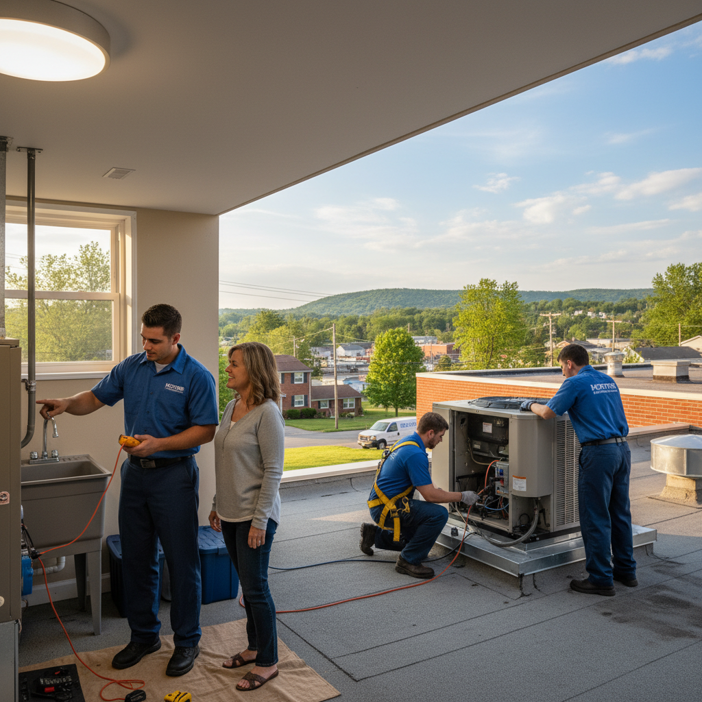 A technician performing HVAC maintenance on a residential furnace in Murrysville, Western Pennsylvania.