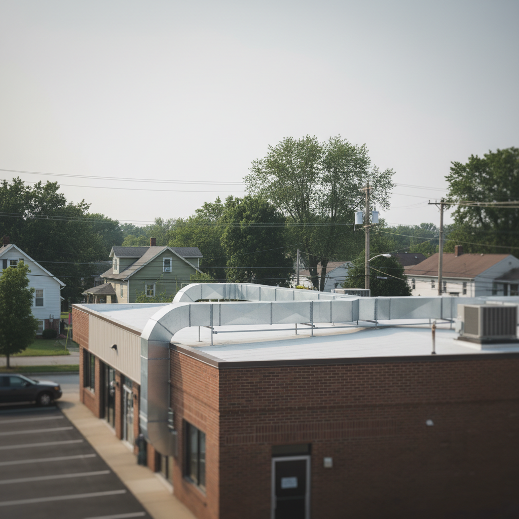 Commercial ductwork installation on a building rooftop in a Pitcairn, PA neighborhood setting.