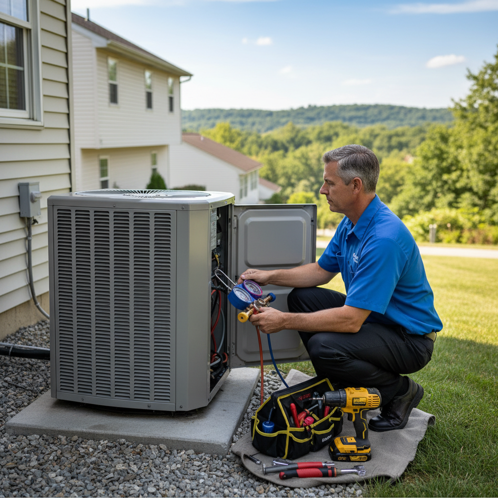 Experienced Hoffner Heating and Air technician checking an outdoor AC unit in Monroeville, PA, for optimal performance.