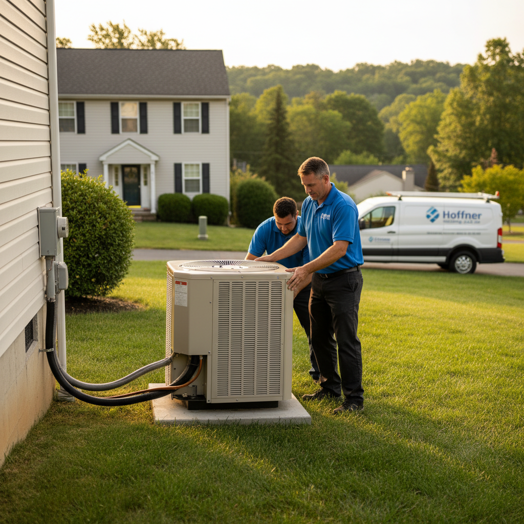 Experienced Hoffner Heating and Air technician installing a new air conditioner unit in Monroeville, PA.