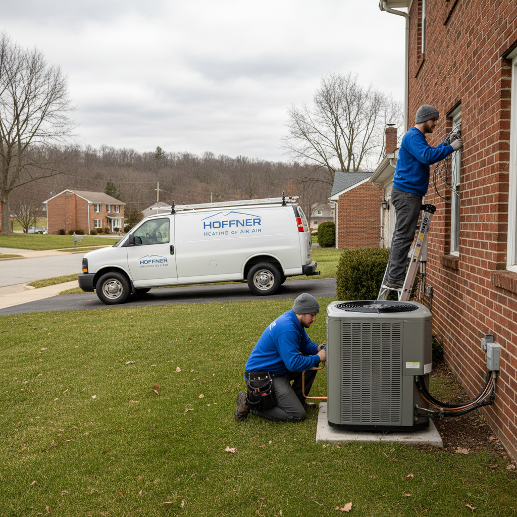 Experienced Hoffner Heating and Air technician installing a new air conditioning unit in Monroeville, PA.