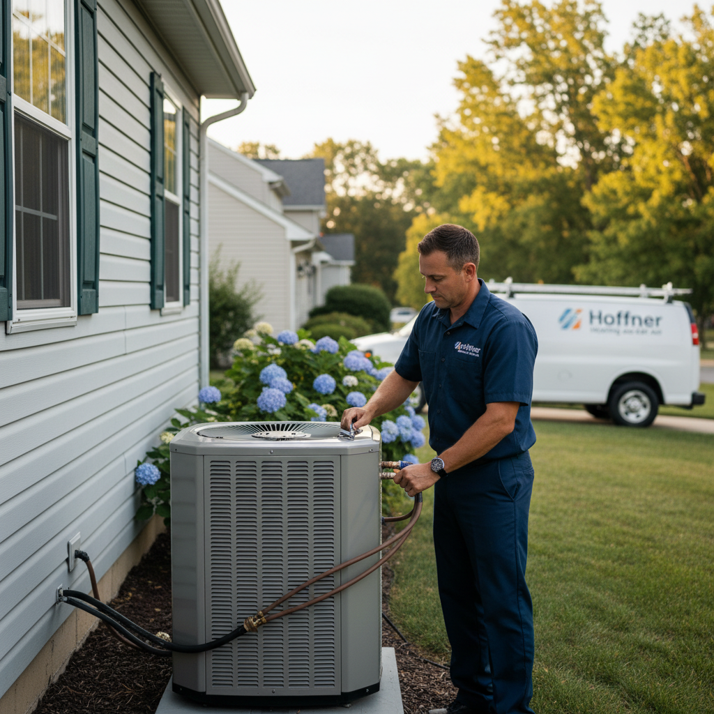 Experienced Hoffner Heating and Air technician installing a new air conditioning unit in Monroeville, PA.