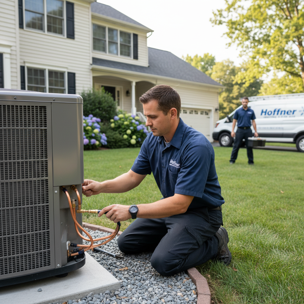 Experienced Hoffner Heating and Air technician installing a new air conditioning unit in Monroeville, PA.