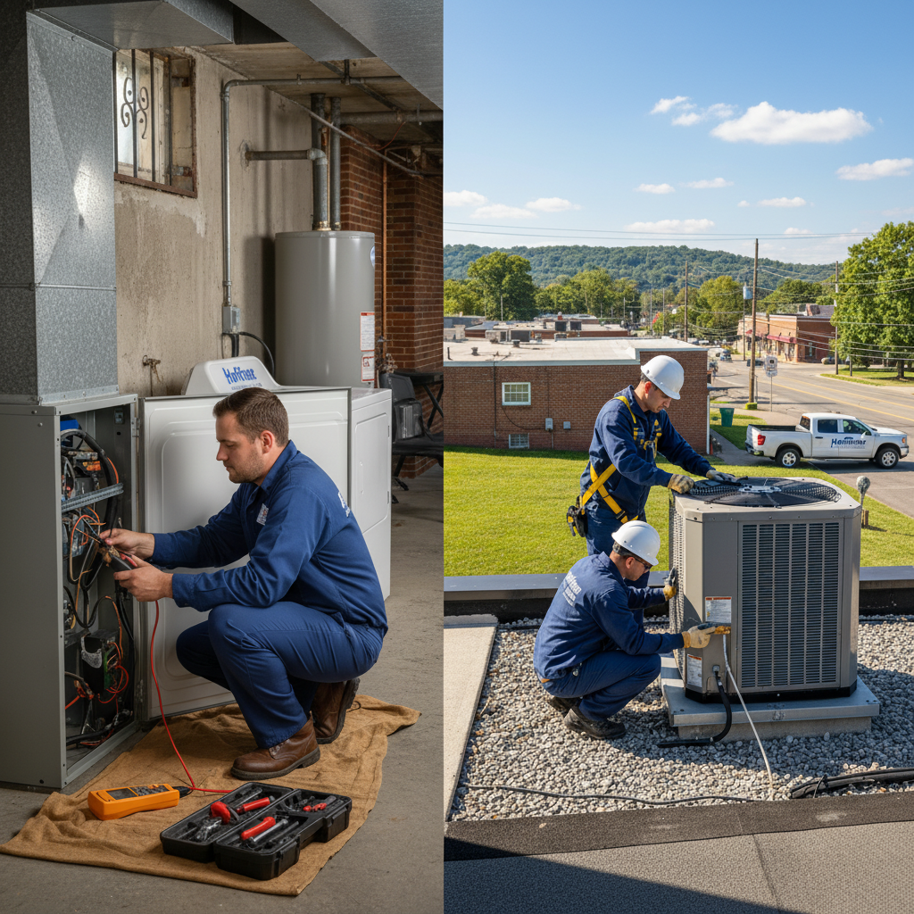 Experienced Hoffner Heating and Air technician installing a new air conditioning unit in Monroeville, PA.