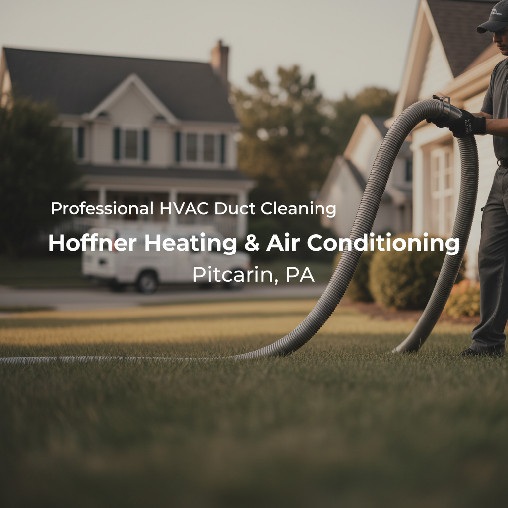 Hoffner Heating & Air Conditioning technician performing HVAC duct cleaning outside a Pitcairn, PA home.