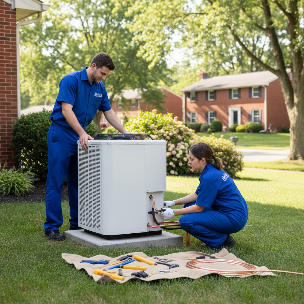 Hoffner Heating and Air HVAC team installing a new air conditioning unit in Monroeville, PA.