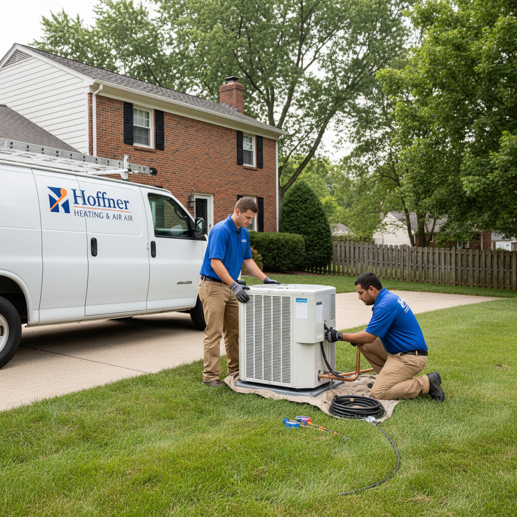 Hoffner Heating and Air HVAC team installing a new air conditioning unit in Monroeville, PA.