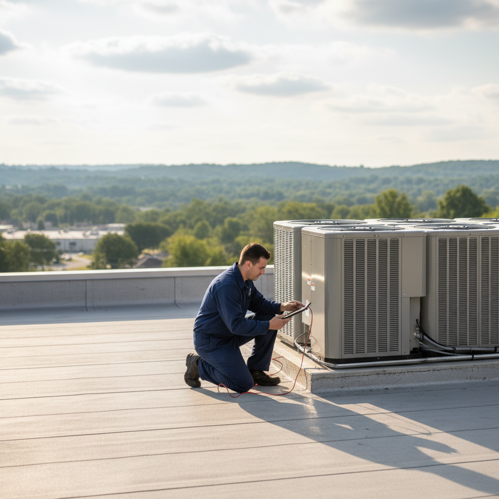 Hoffner Heating and Air professional inspecting a commercial HVAC system in Pitcairn, Western PA.