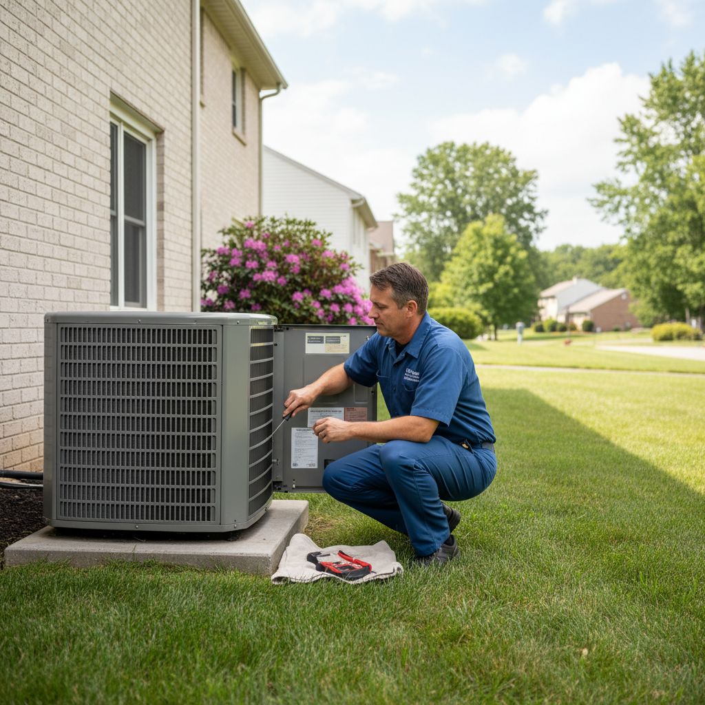 Hoffner Heating and Air professional inspecting an outdoor air conditioning unit in Monroeville, PA.