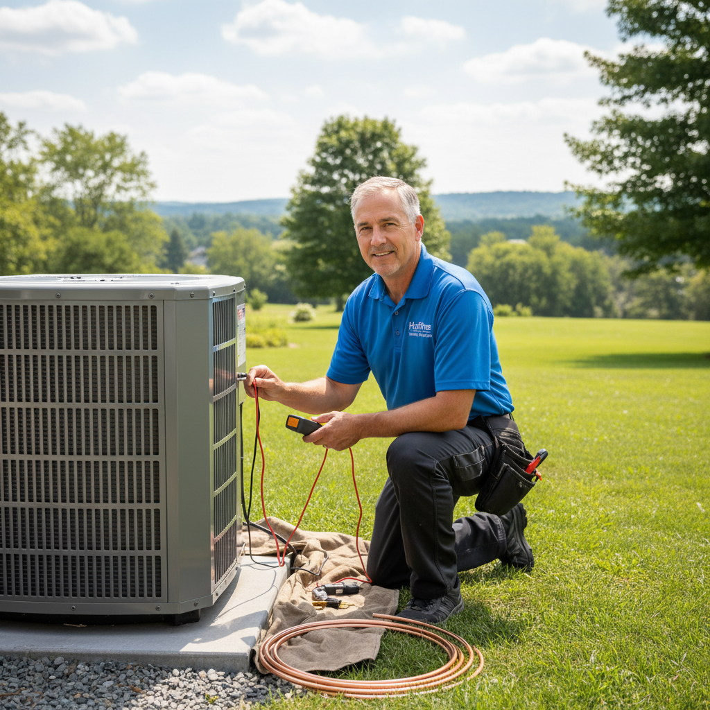 Hoffner Heating and Air professional inspecting an outdoor HVAC unit in Murrysville, Western Pennsylvania.