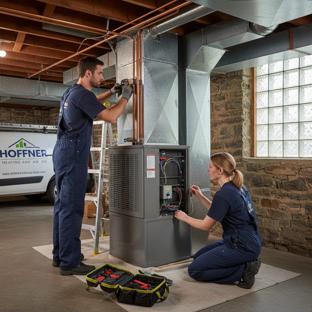 Hoffner Heating and Air professional installing a new HVAC unit in a Pitcairn, PA residence.