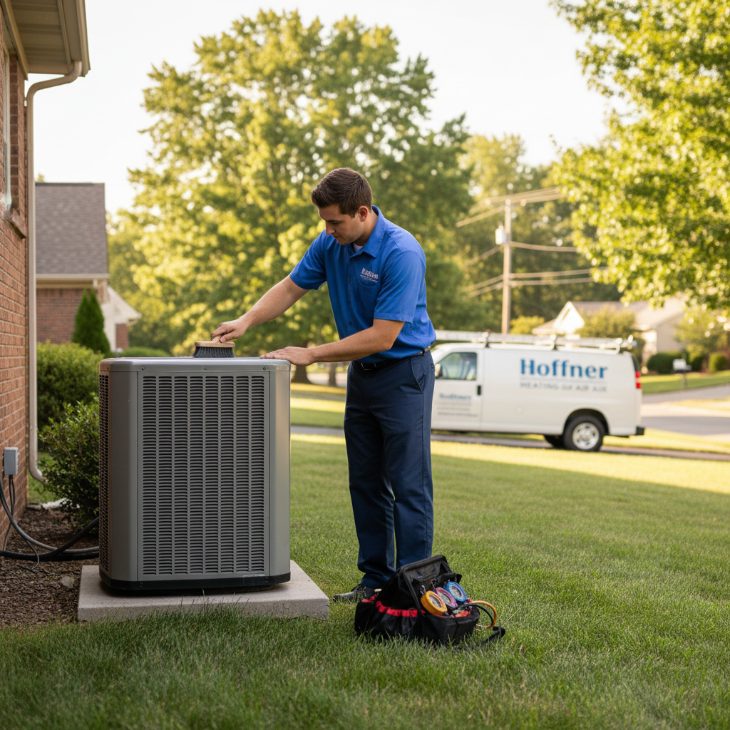 Hoffner Heating and Air professional performing AC maintenance on an outdoor unit in Murrysville, PA.