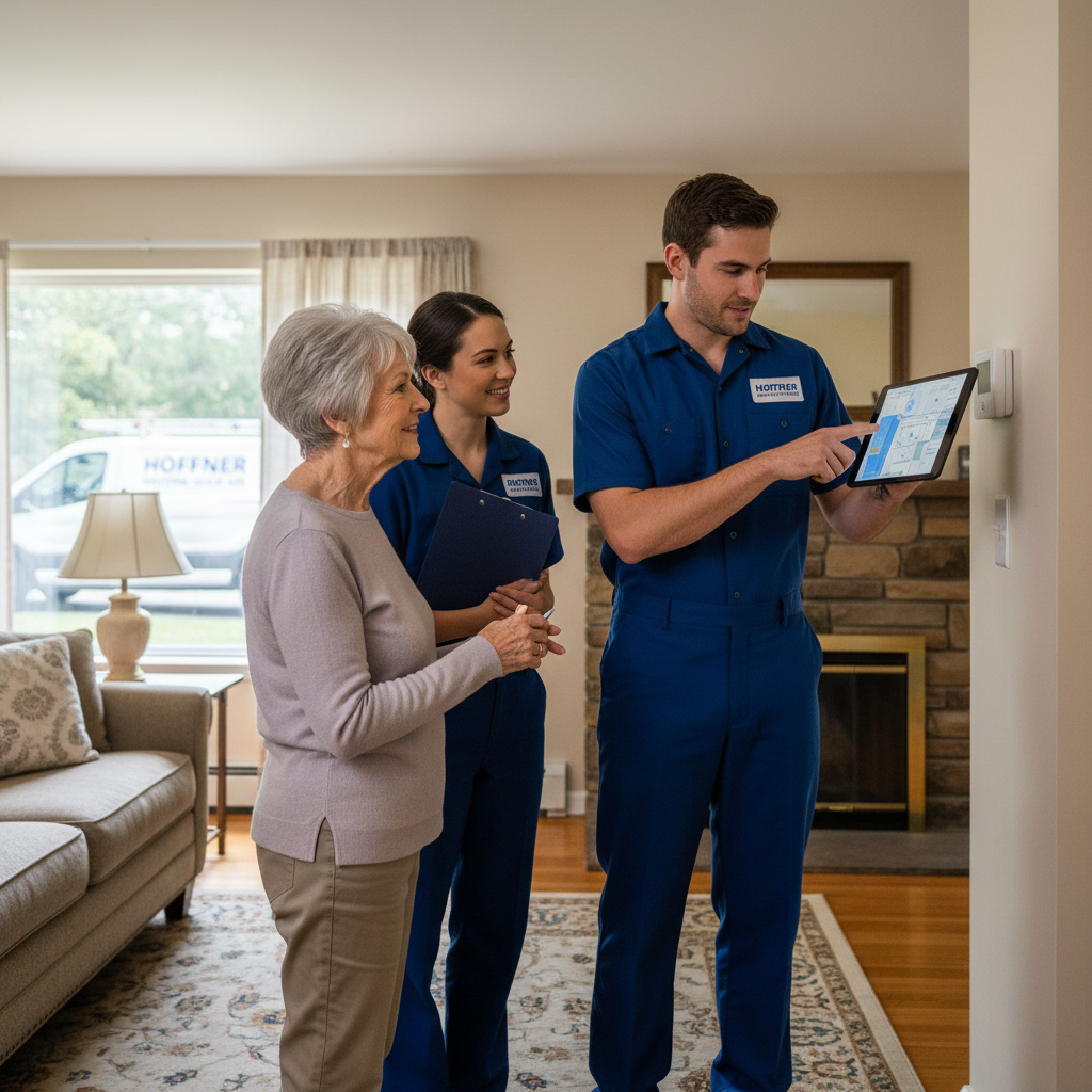Hoffner Heating and Air team consulting with a client inside a Pitcairn, PA home.