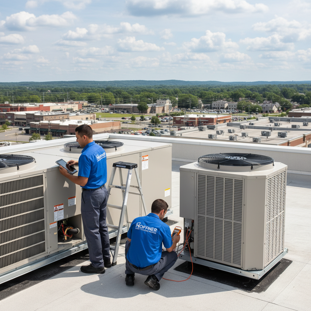 Hoffner Heating and Air team inspecting a commercial HVAC system in Monroeville, Western Pennsylvania.