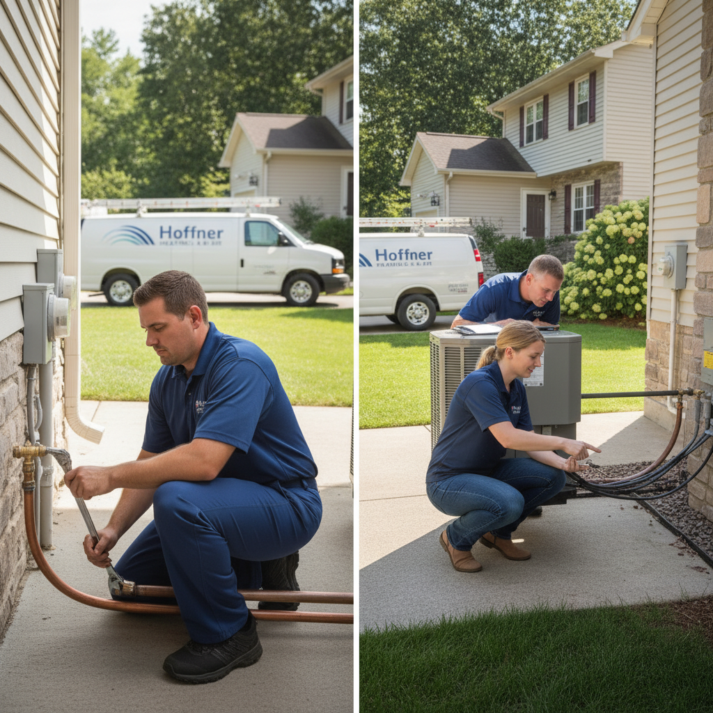 Hoffner Heating and Air team installing a new air conditioning unit in Monroeville, Western Pennsylvania.