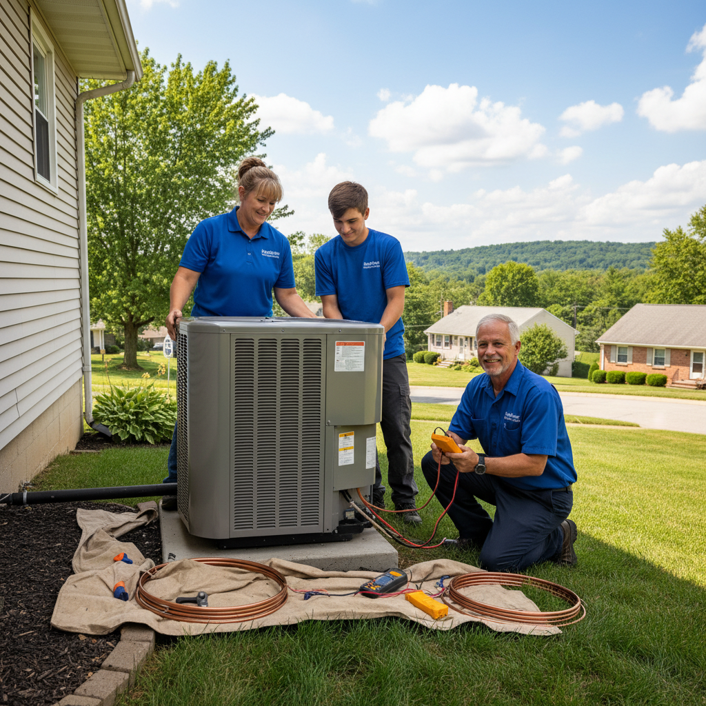 Hoffner Heating and Air team installing a new air conditioning unit in Monroeville, Western Pennsylvania.