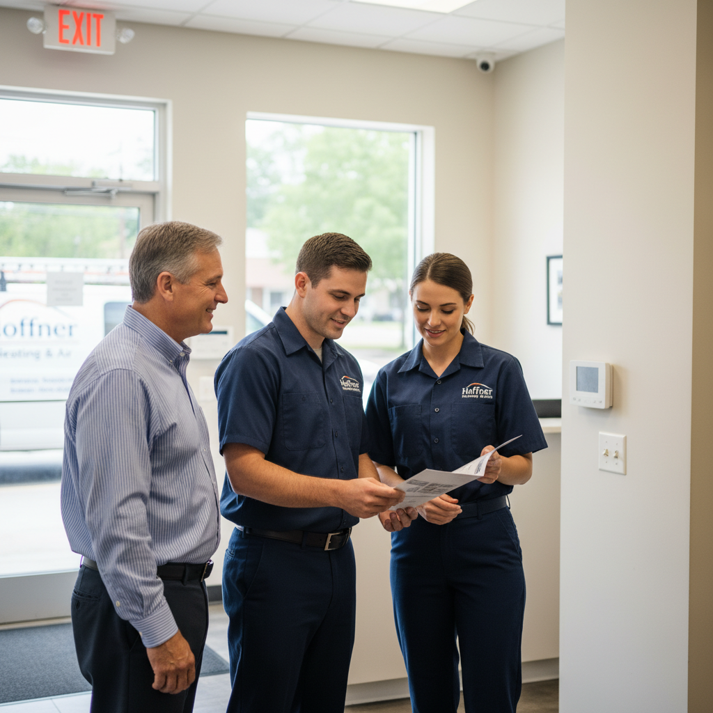 Hoffner Heating and Air team meeting a client at their Monroeville, PA business.
