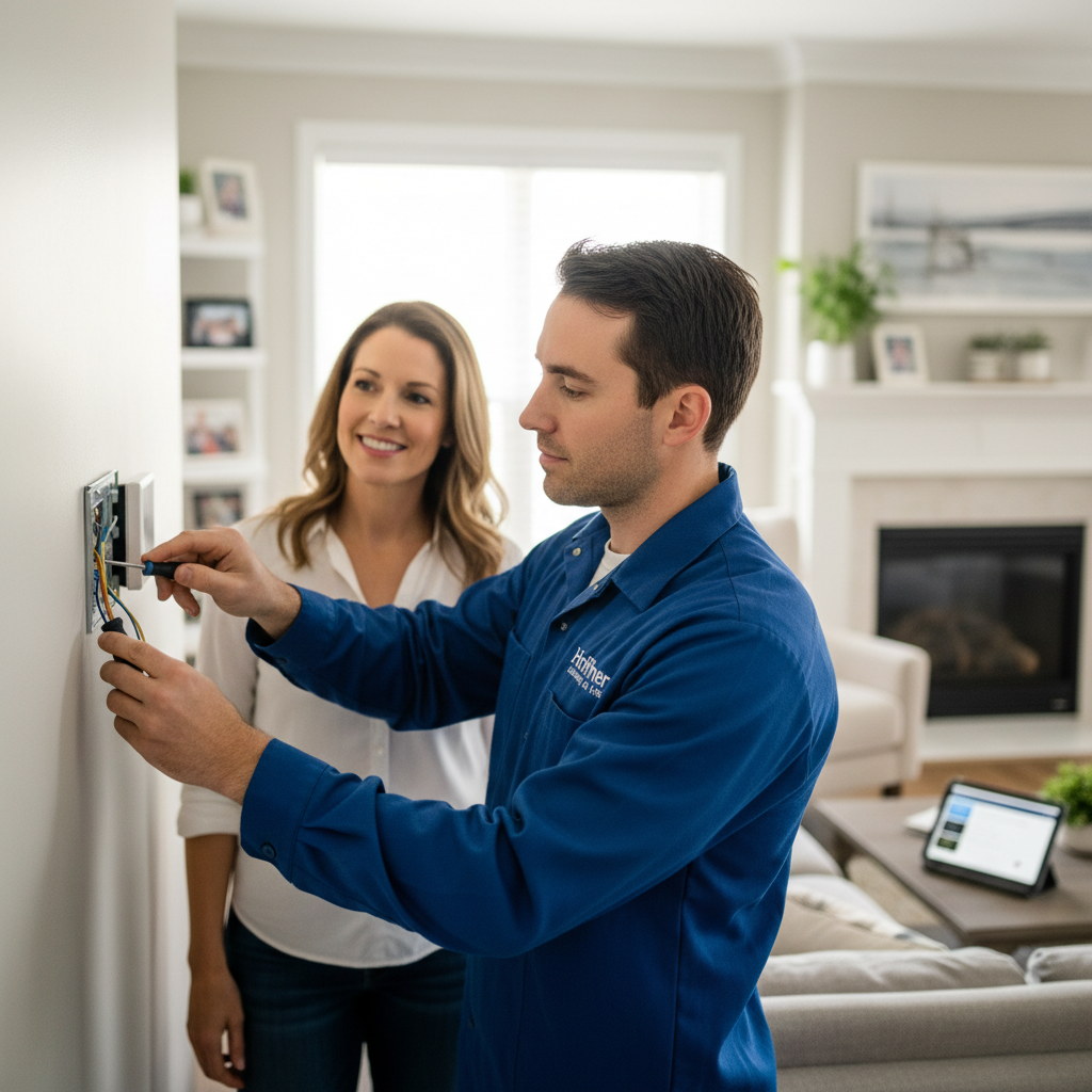 Hoffner Heating and Air team member installing a new thermostat in a Murrysville, PA residence.