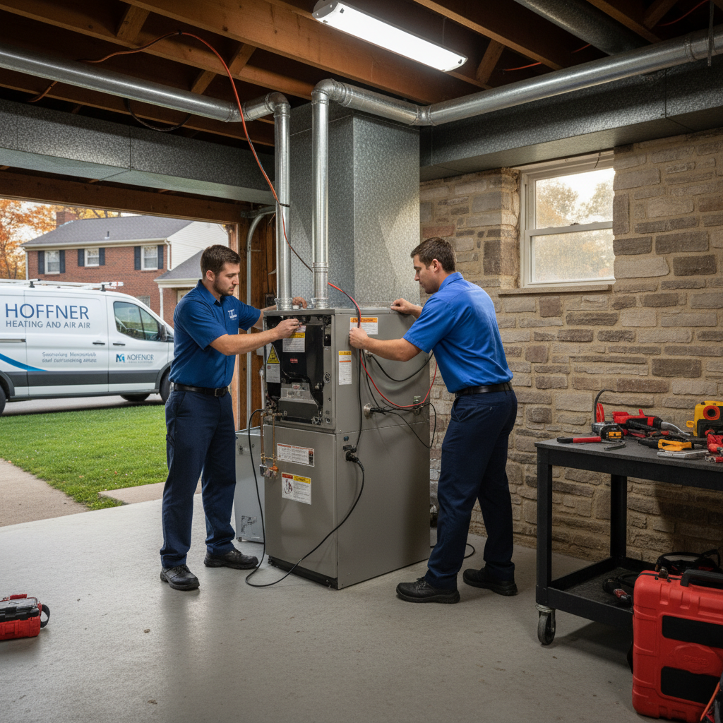 Hoffner Heating and Air team replacing an HVAC system in a Western Pennsylvania basement.