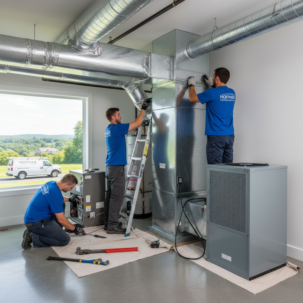 Hoffner Heating and Air team replacing an HVAC system, providing expert air conditioning and heating services in Monroeville, PA.
