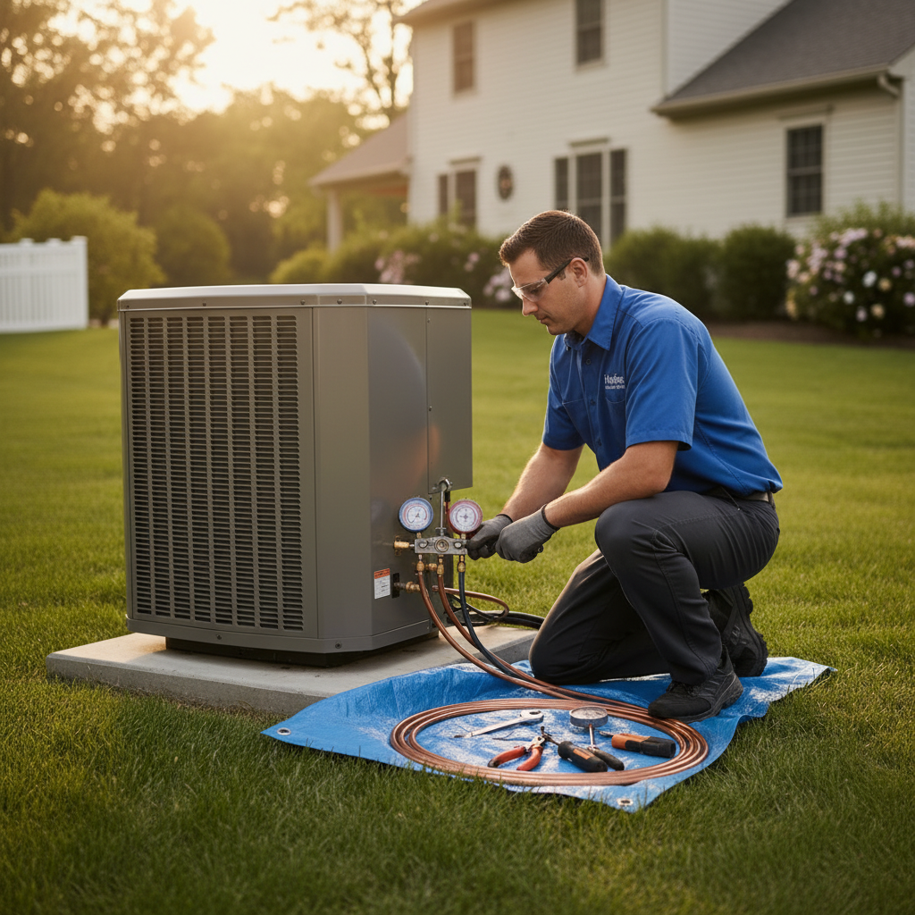 Hoffner Heating and Air technician checking an air conditioning unit in a Murrysville, PA backyard.