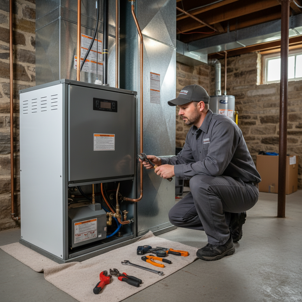 Hoffner Heating and Air technician expertly installing a new furnace in a Western Pennsylvania home, ensuring reliable service.