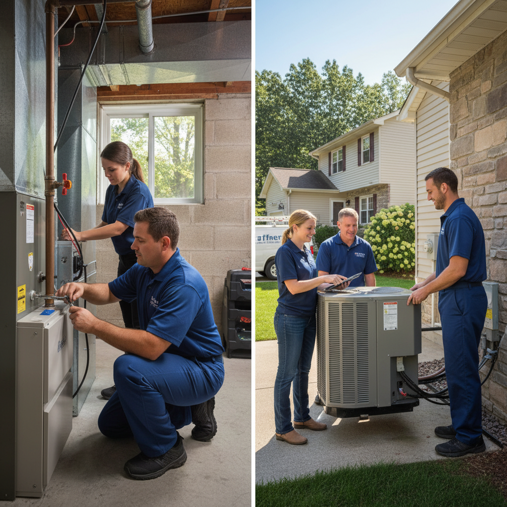 Hoffner Heating and Air technician expertly repairing a furnace in a Murrysville, PA home.