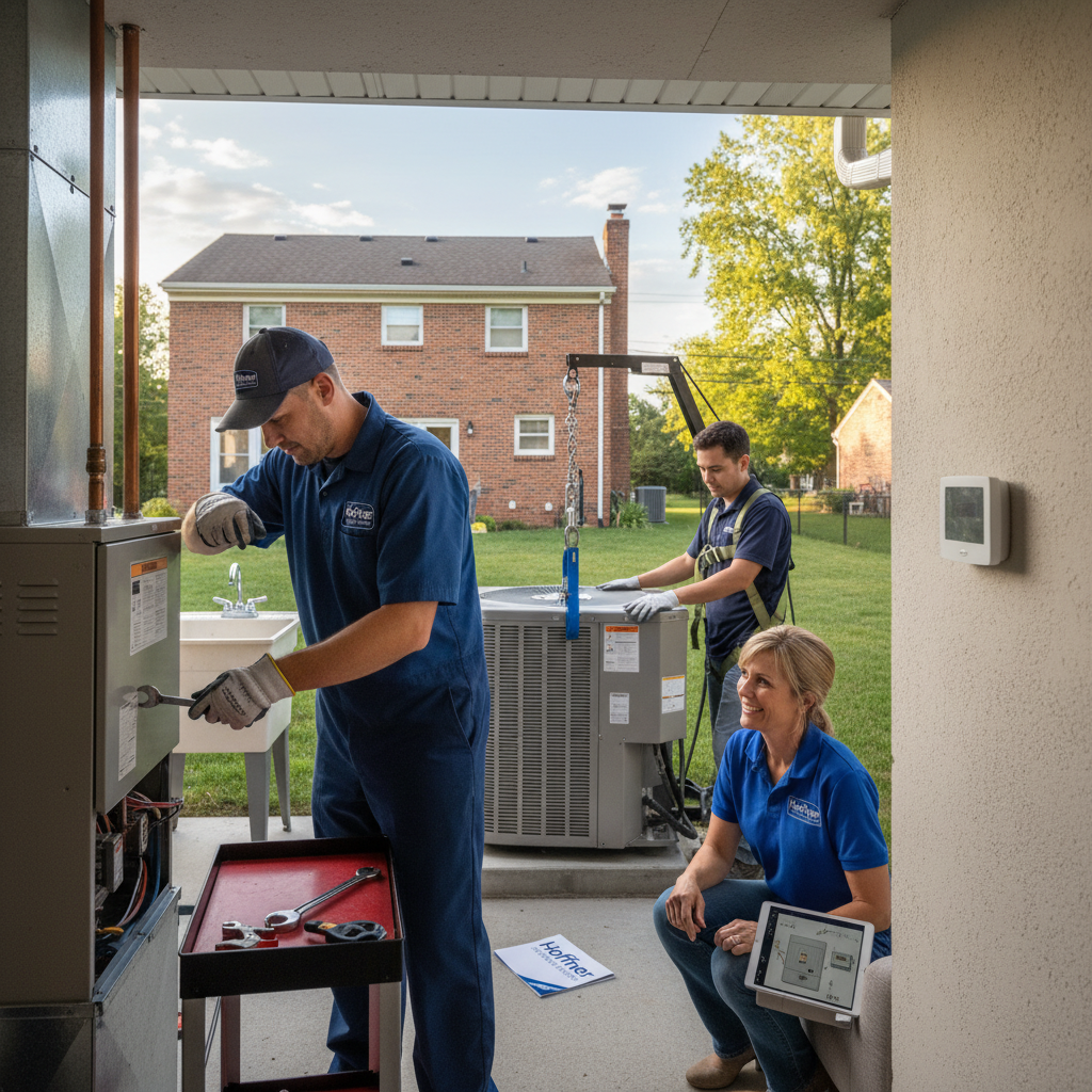 Hoffner Heating and Air technician expertly repairing a furnace in a Murrysville, PA home.
