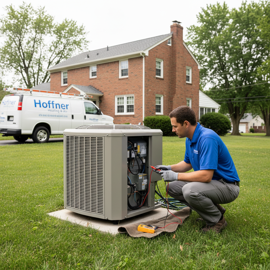 Hoffner Heating and Air technician inspecting a residential heat pump in Pitcairn, Western Pennsylvania.