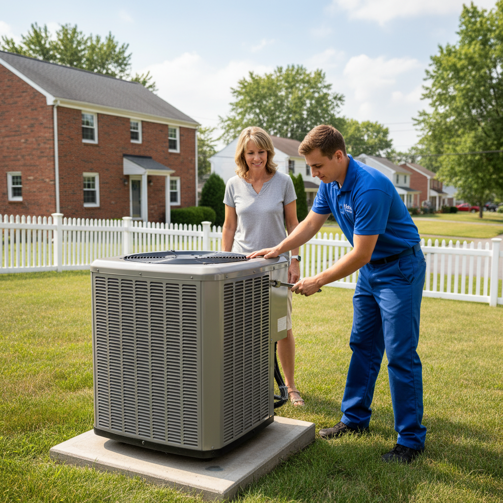 Hoffner Heating and Air technician installing a new air conditioning unit in a Pitcairn, PA home.