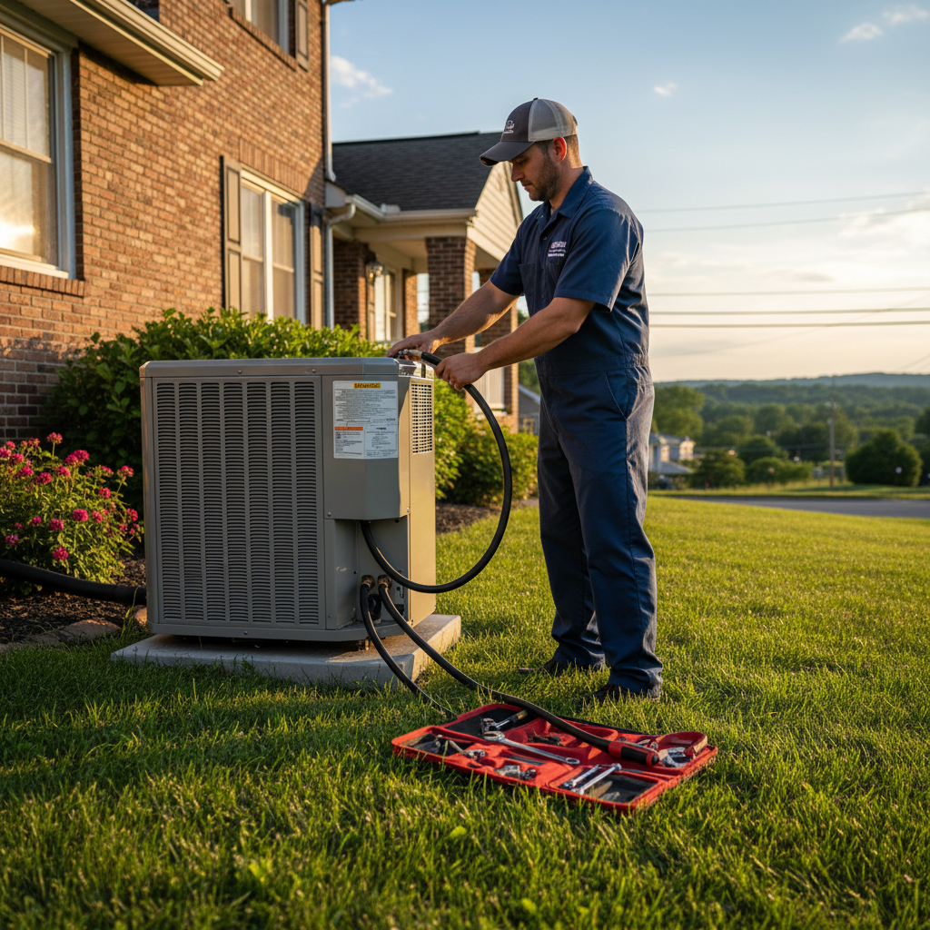 Hoffner Heating and Air technician installing a new air conditioning unit outside a Pitcairn, PA residence.