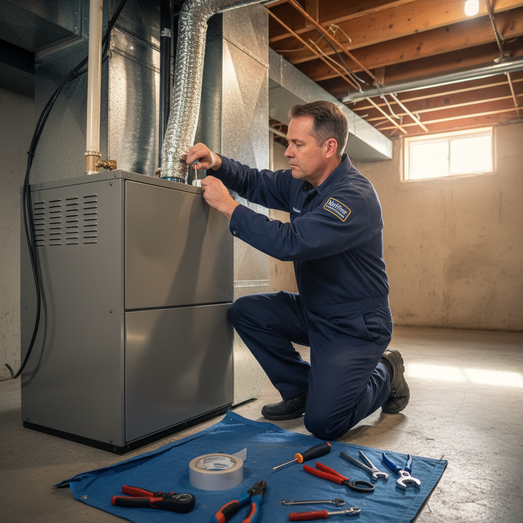 Hoffner Heating and Air technician installing a new furnace in a Pitcairn, Western Pennsylvania home.