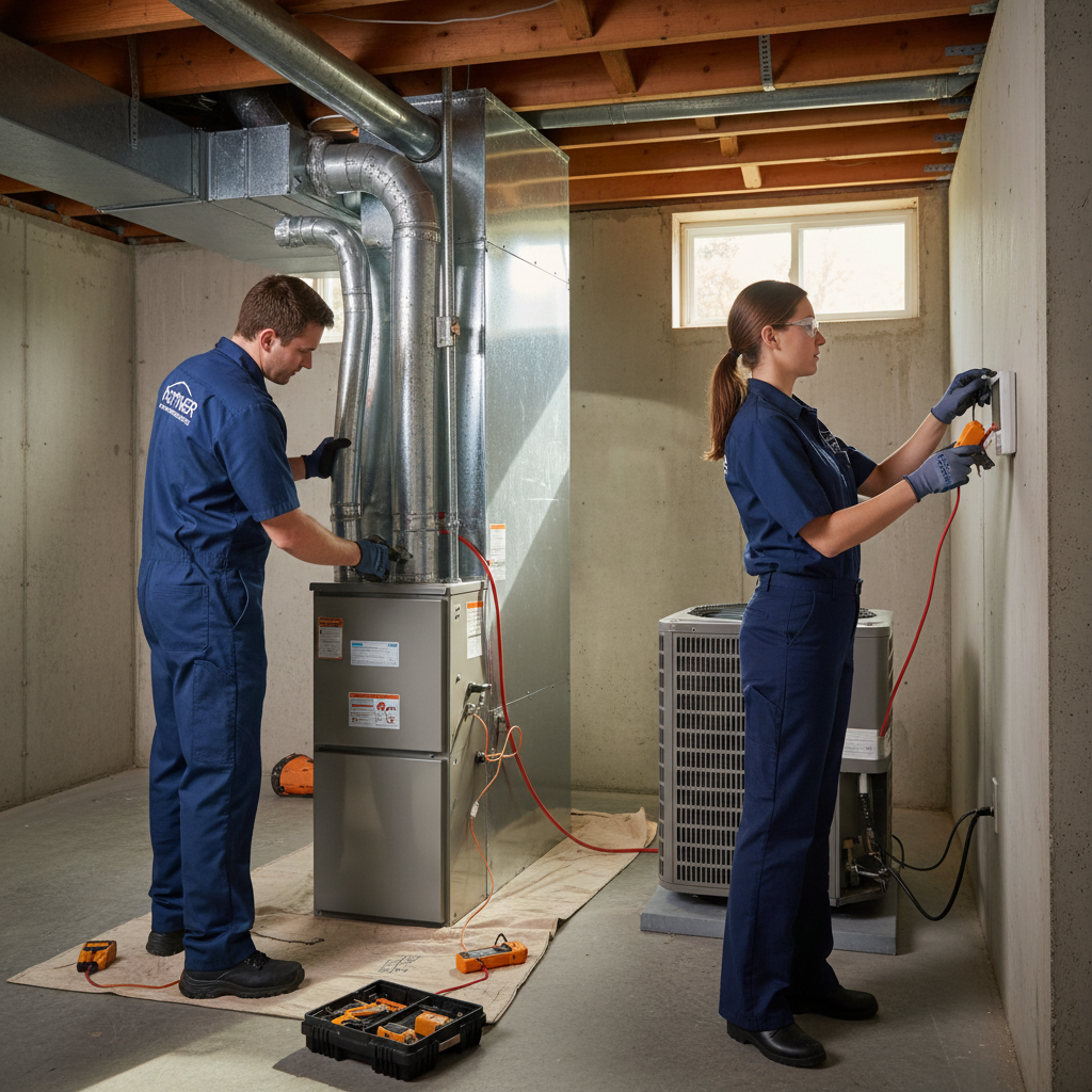 Hoffner Heating and Air technician installing a new furnace in a Western Pennsylvania home, Pitcairn, PA.