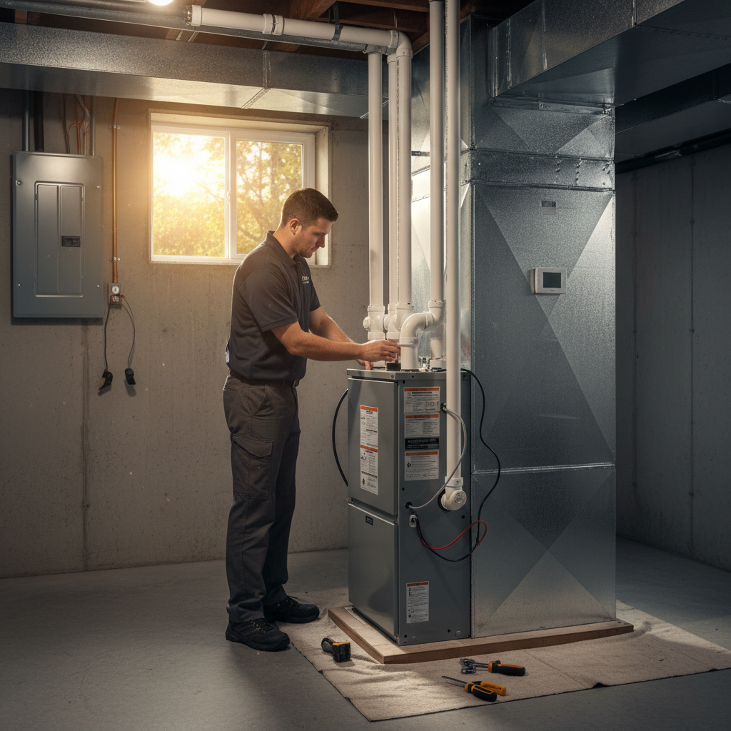 Hoffner Heating and Air technician installing a new furnace in a Pitcairn, PA home.