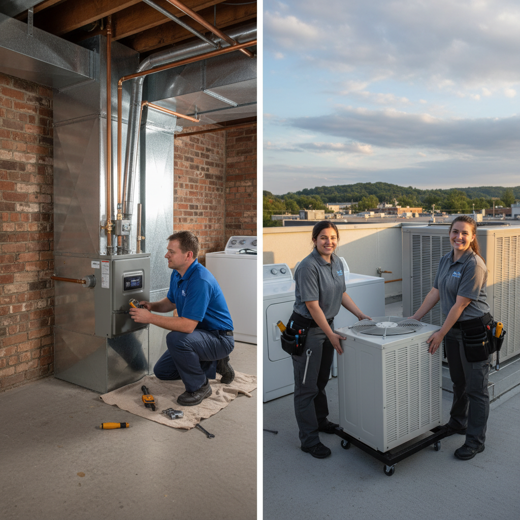 Hoffner Heating and Air technician installing a new furnace in a Pitcairn, PA basement.