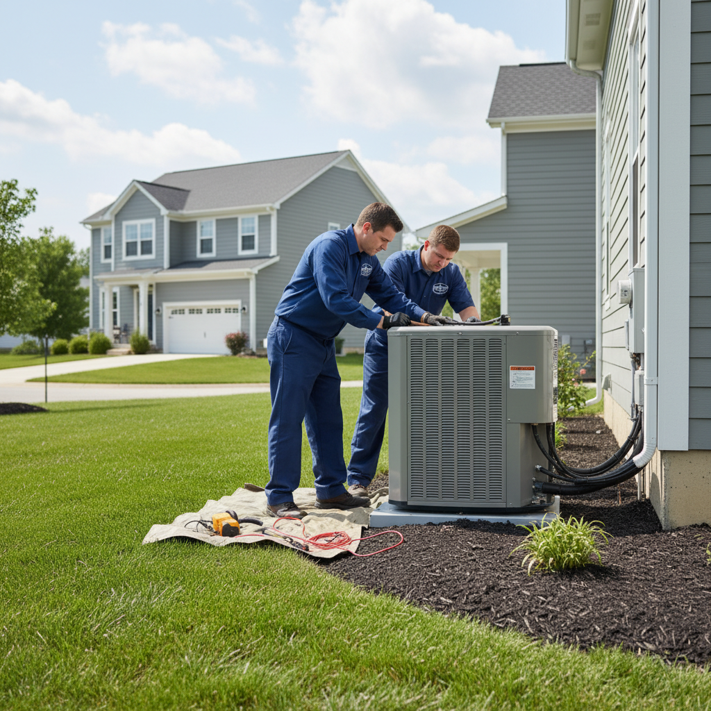 Hoffner Heating and Air technician installing an outdoor air conditioning unit in Murrysville, PA.