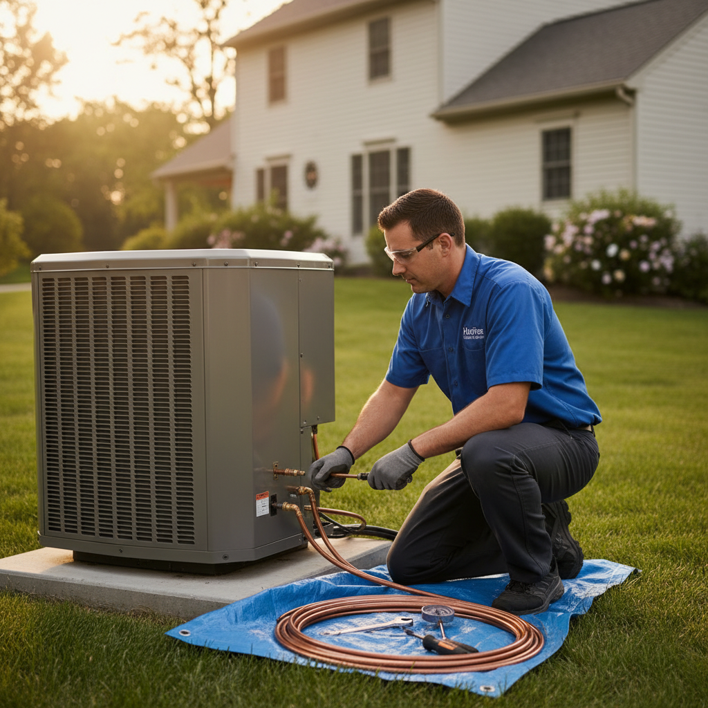 Hoffner Heating and Air technician installing an outdoor HVAC unit in Monroeville, Western Pennsylvania.