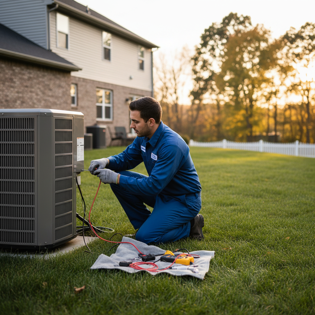 Hoffner Heating and Air technician performing AC repair service outside a Monroeville, Western Pennsylvania residence.