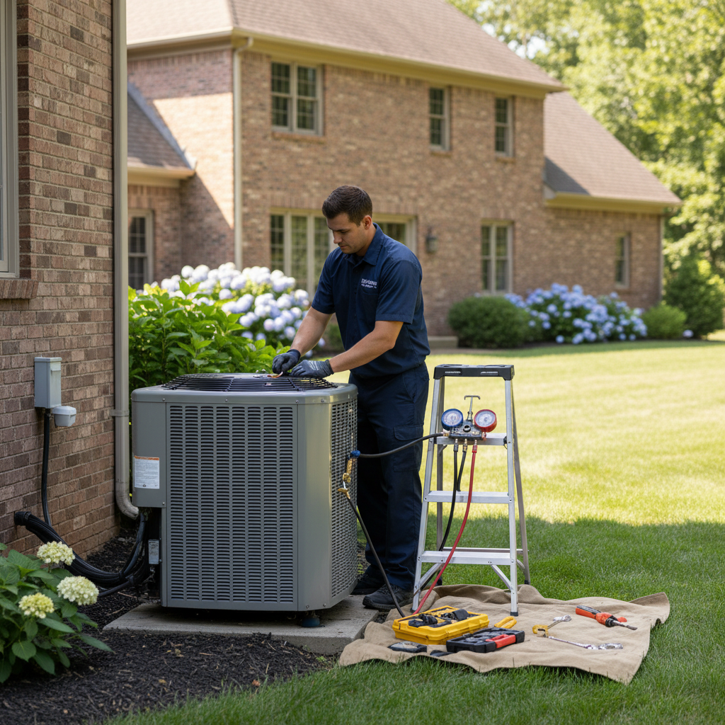 Hoffner Heating and Air technician performing AC repair service in Murrysville, Western Pennsylvania.