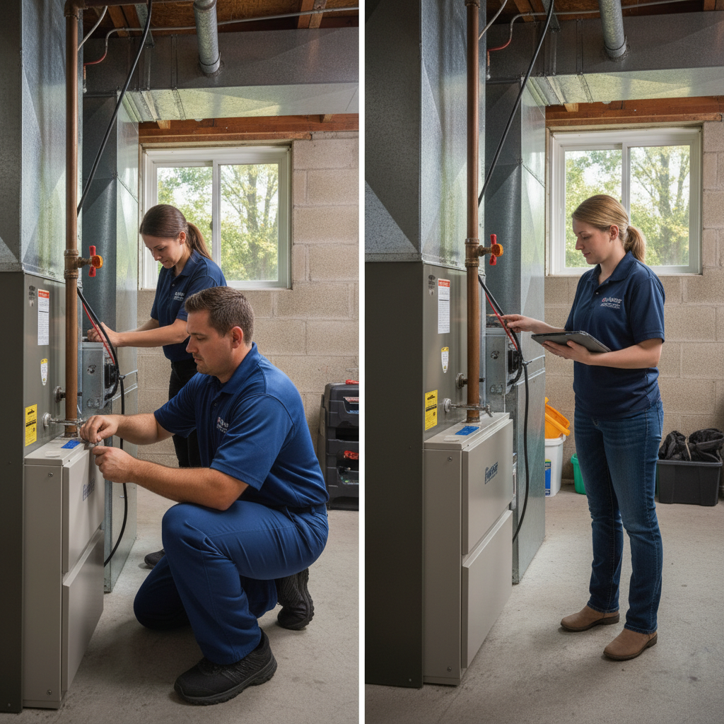 Hoffner Heating and Air technician performing HVAC maintenance at a Pitcairn, PA residence.