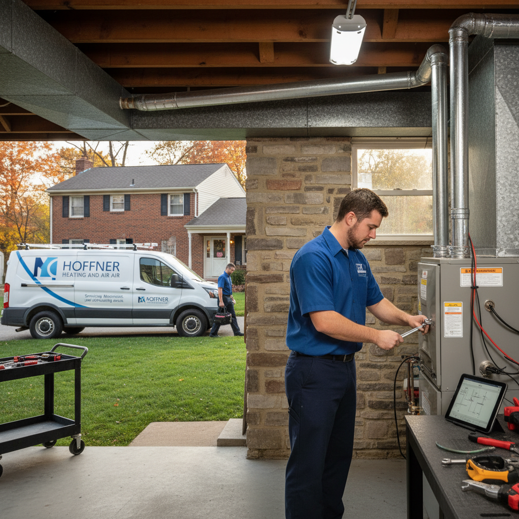 Hoffner Heating and Air technician repairing a furnace in a Western Pennsylvania home.
