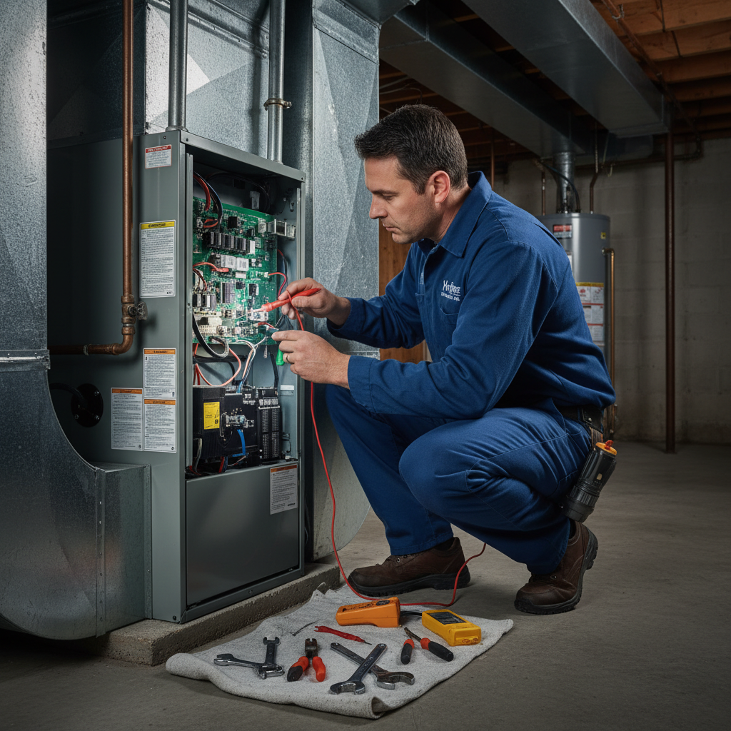 Hoffner Heating and Air technician repairing a residential HVAC system in Pitcairn, PA.