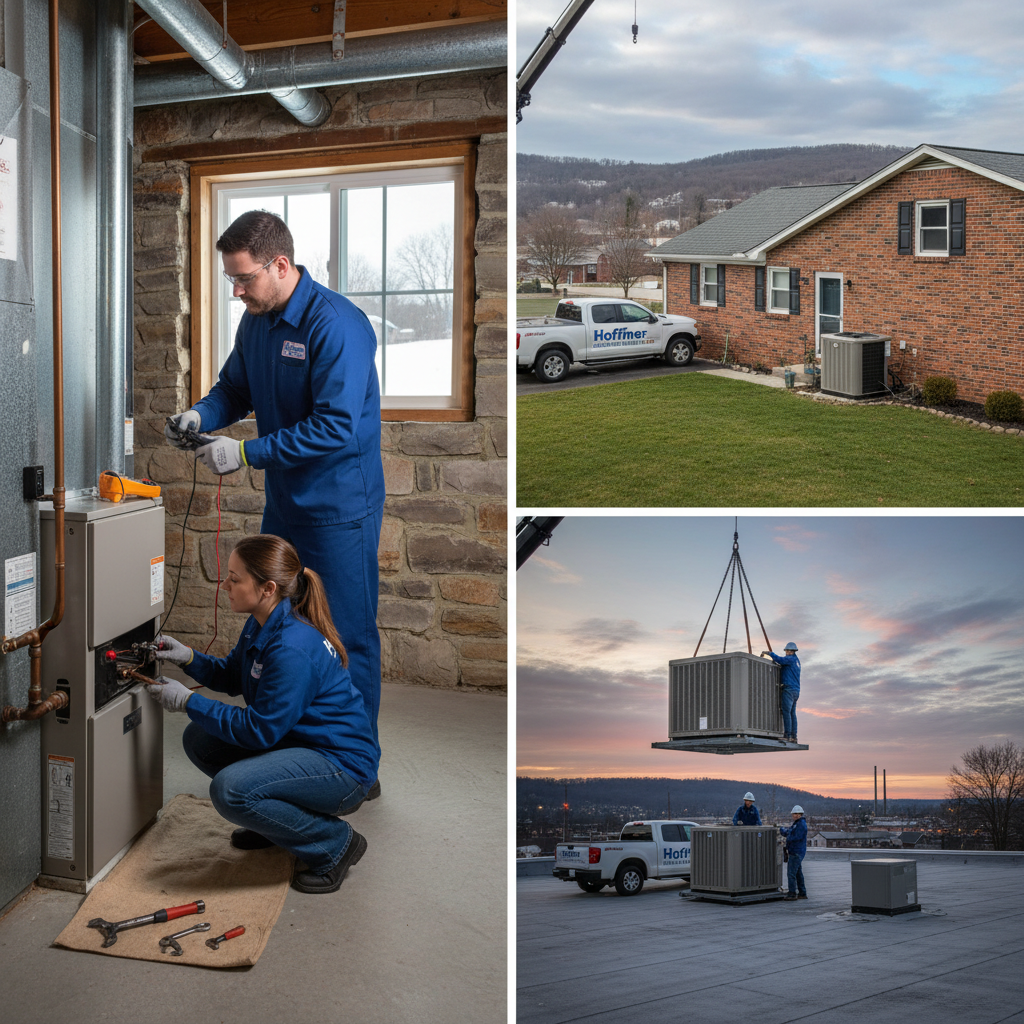 Hoffner Heating and Air technician servicing a furnace in a Western Pennsylvania home, ensuring reliable heating.