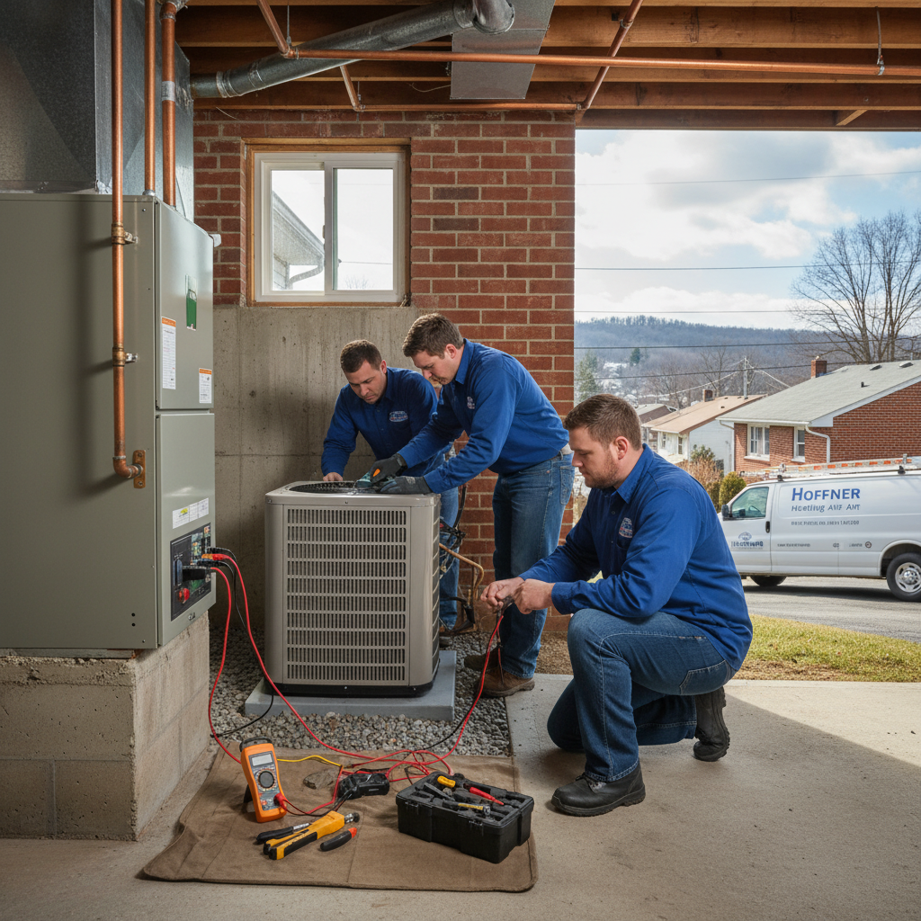 Hoffner Heating and Air technician servicing a furnace in a Murrysville, PA home.