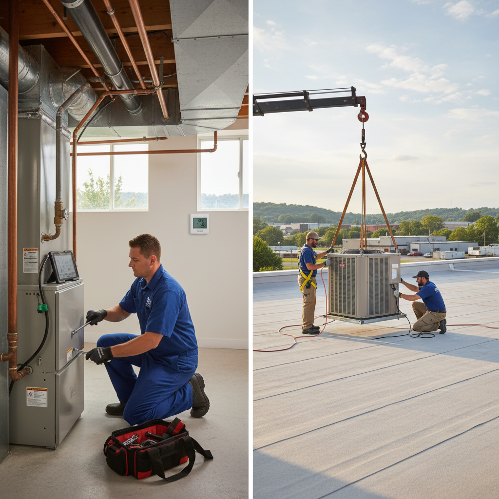 Hoffner Heating and Air technician servicing a furnace in a Murrysville, PA home, ensuring comfort.