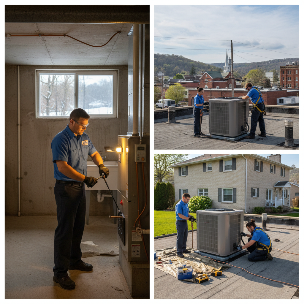 Hoffner Heating and Air technician servicing a furnace in a Western Pennsylvania home, ensuring reliable heating.