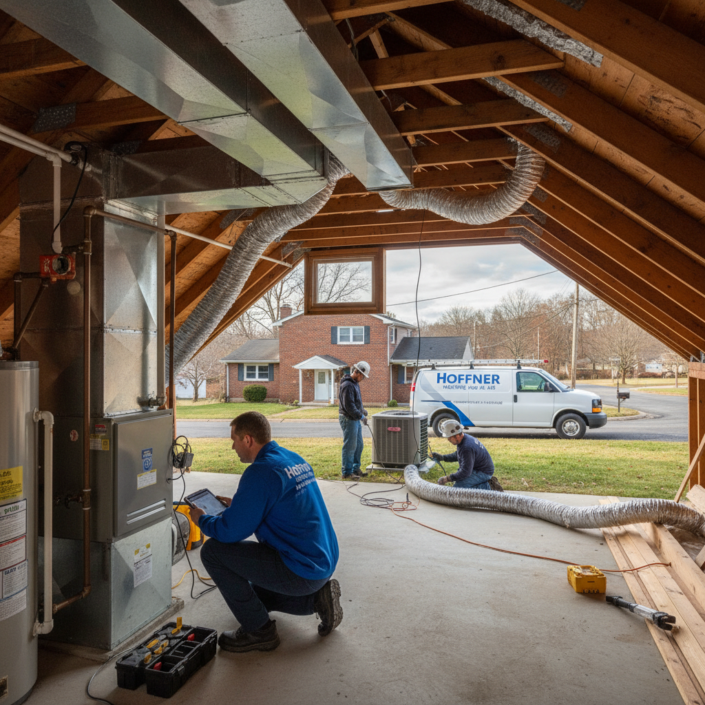 Hoffner Heating and Air technician servicing a furnace in a Murrysville, PA home.