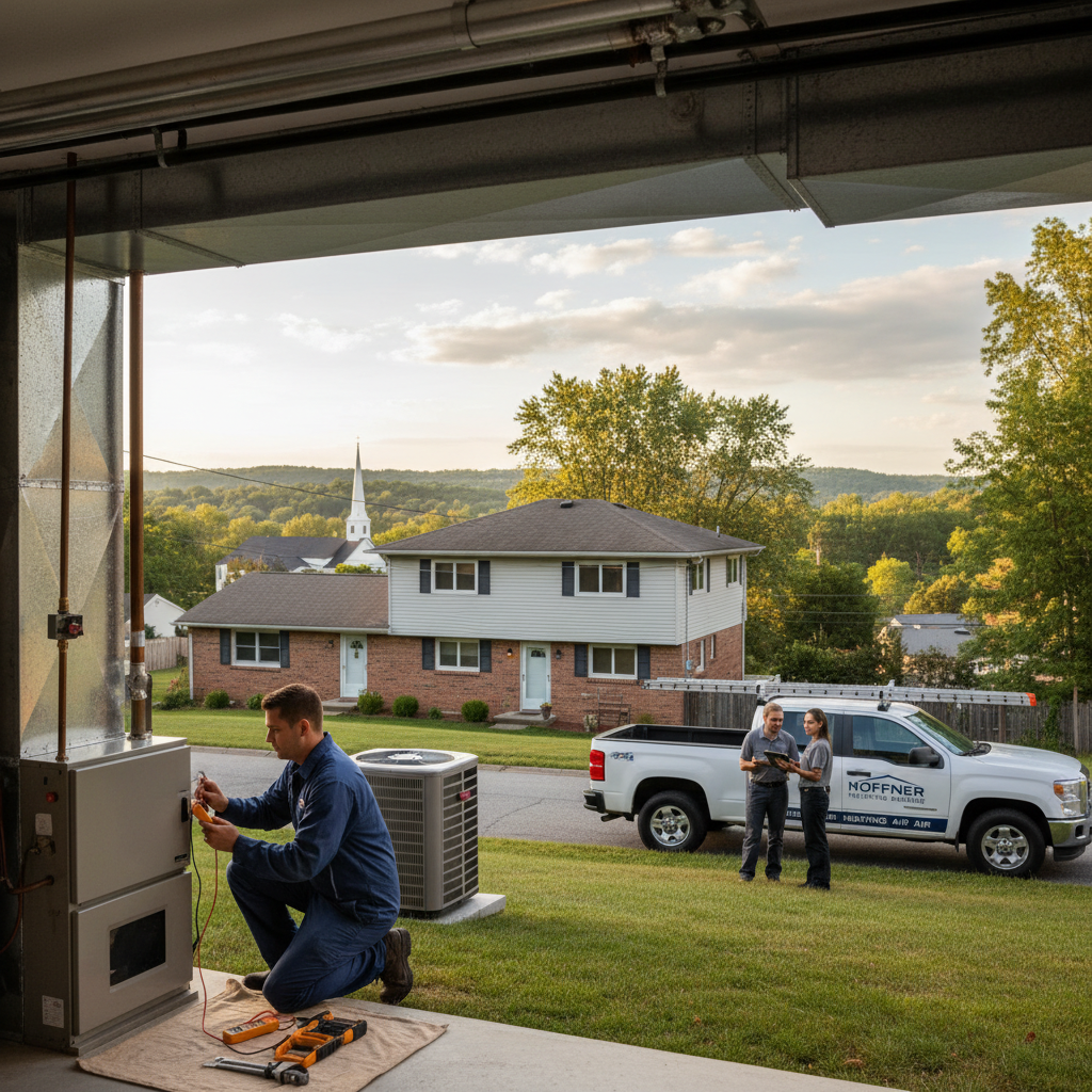 Hoffner Heating and Air technician servicing a furnace in a Murrysville, PA home.