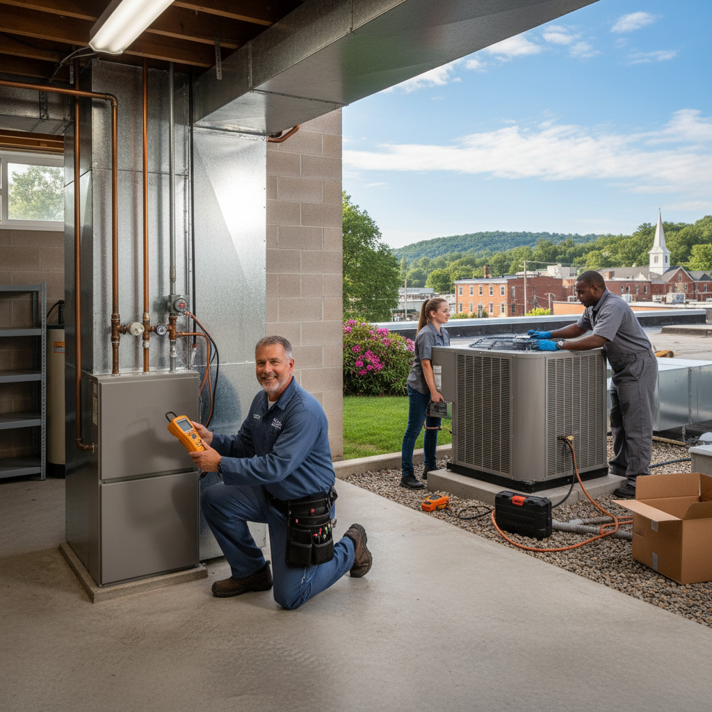 Hoffner Heating and Air technician servicing a modern furnace in a Western Pennsylvania home.