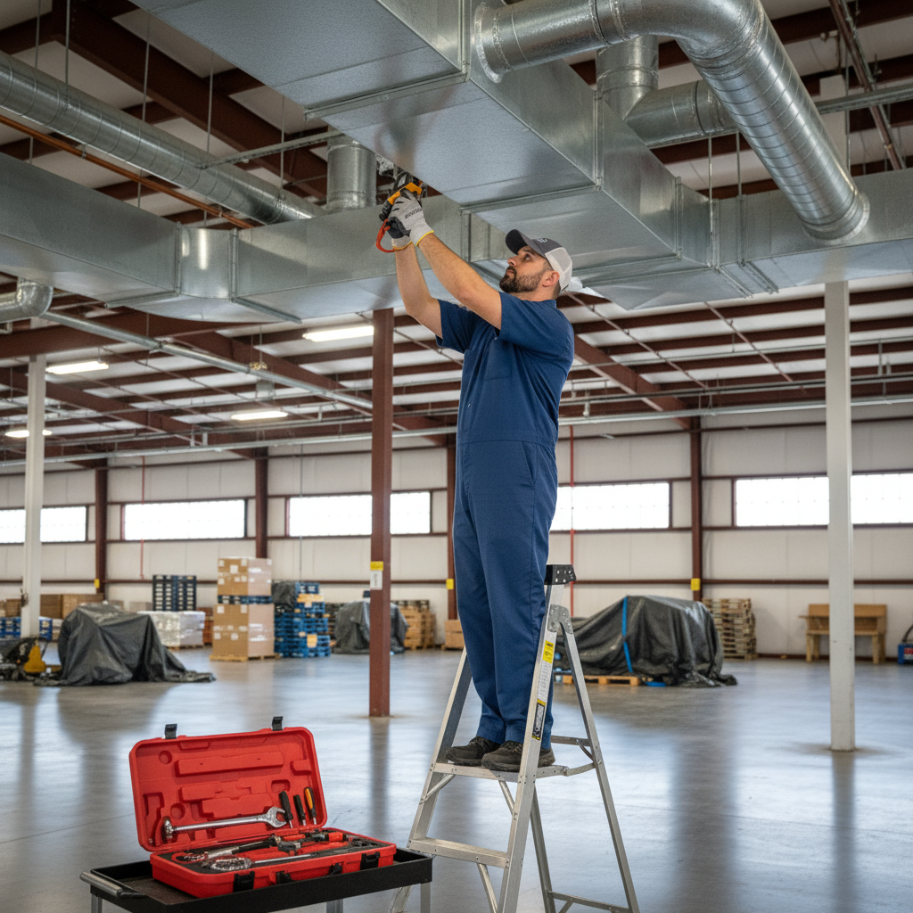 Hoffner Heating and Air technician servicing an HVAC system in a commercial building in Monroeville, PA.